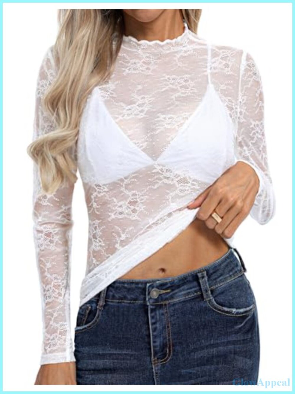 Mock Neck Lace Top Long Sleeve Sheer Mesh Blouse